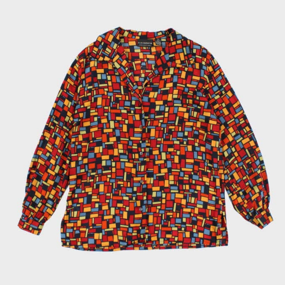 Liz Claiborne 100% Silk Mosaic Print Blouse in Red, Yellow, and Blue